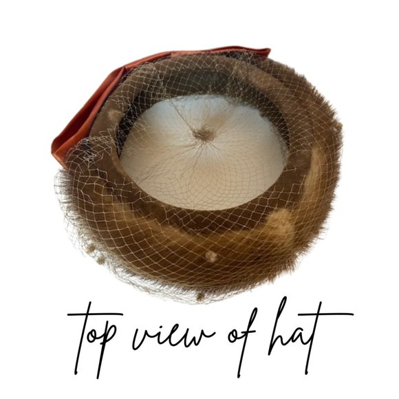 Authentic Vintage Netting Veil and Fur Hat, Brown, with Copper Brown bow - Picture 2 of 5